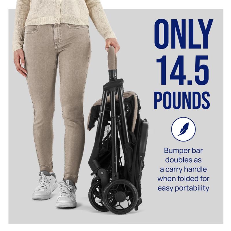 Lightweight Chicco Urbino stroller in olive color, folded and held by a woman, highlighting portability at only 14.5 pounds.