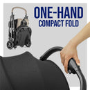 Chicco Urbino lightweight stroller is shown folded for compact storage; a hand demonstrates the one-hand fold feature.