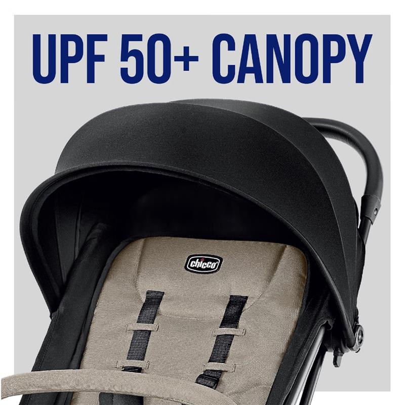 Compact stroller with a UPF 50+ canopy, featuring a comfortable grey seat and safety straps.