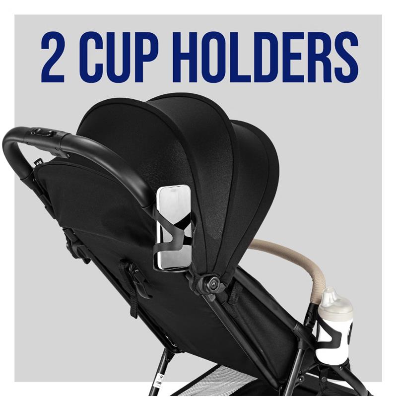 Chicco Urbino lightweight stroller in olive with two cup holders, showcasing a sleek black design and compact folding feature.