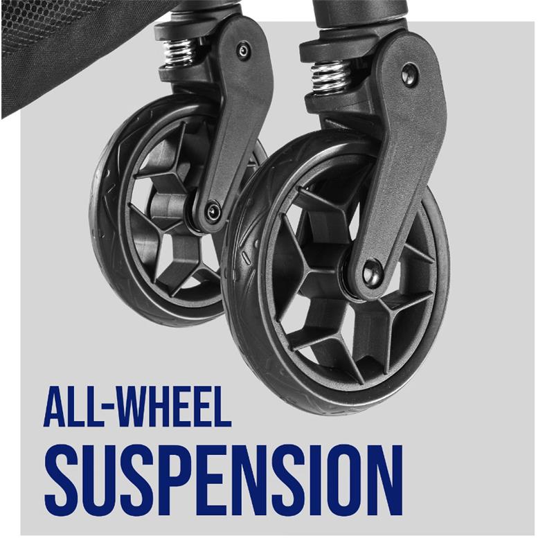 Close-up of Chicco Urbino stroller wheels showcasing all-wheel suspension feature for improved maneuverability and comfort.