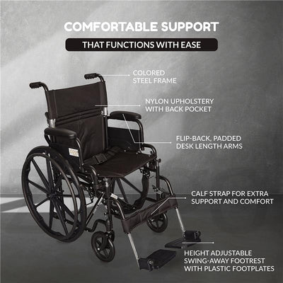 Pediatric wheelchair with a colored steel frame, nylon upholstery, flip-back padded arms, and adjustable swing-away footrest.
