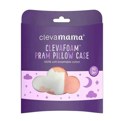 Clevamama Clevafoam Pram Baby Pillow Case packaging in coral, featuring soft cotton material, designed for infants 0 months and up.