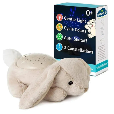 Calming nightlight star projector in the shape of a bunny, featuring three constellations and auto-shutoff.