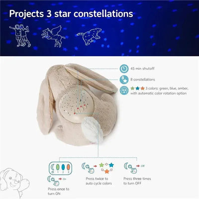 Calming Nightlight Star Projector shaped like a bunny; features 3 colors, 3 constellations, and 45-minute auto shutoff.