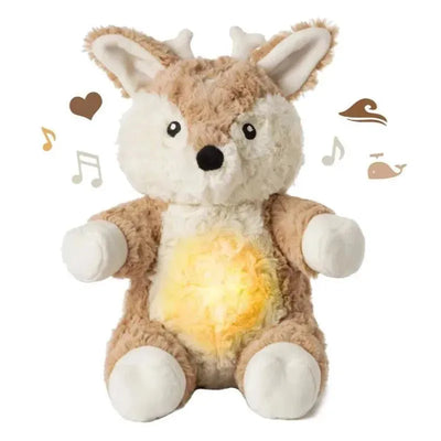 Soft plush toy fawn with glowing belly, designed to soothe with sounds; features musical notes and light effects.