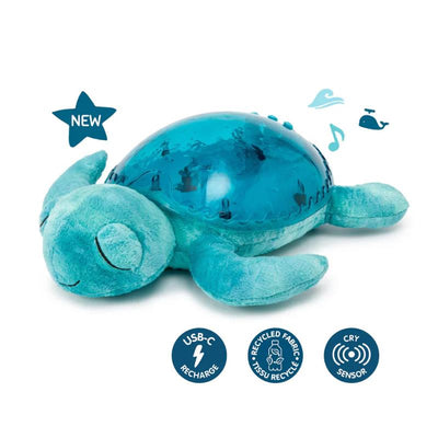 Tranquil Turtle plush in aqua features a soft body and a glowing shell, with sound effects of waves and whales.