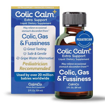 Colic Calm Plus Liquid Dietary Supplement, 2 fl. oz. bottle with blue label, claims to relieve colic, gas, and fussiness.