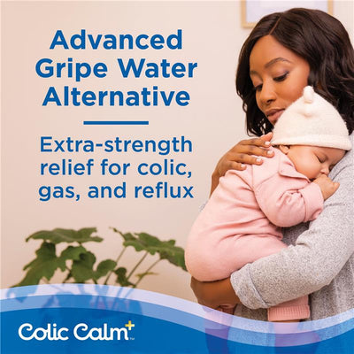 Colic Calm Plus Liquid Dietary Supplement Gripe Water, featuring a woman holding a baby, promises extra-strength relief for colic, gas, and reflux.