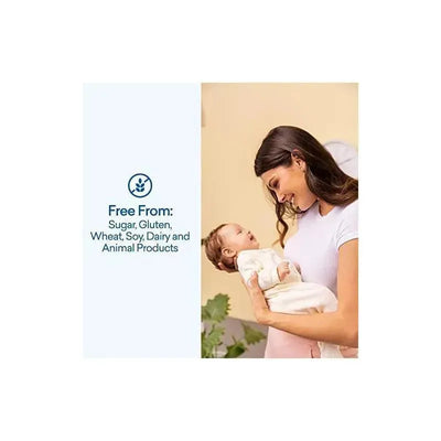 Infant being held by a caregiver, with text highlighting Colic Calm probiotic drops are free from sugar, gluten, wheat, soy, dairy, and animal products.