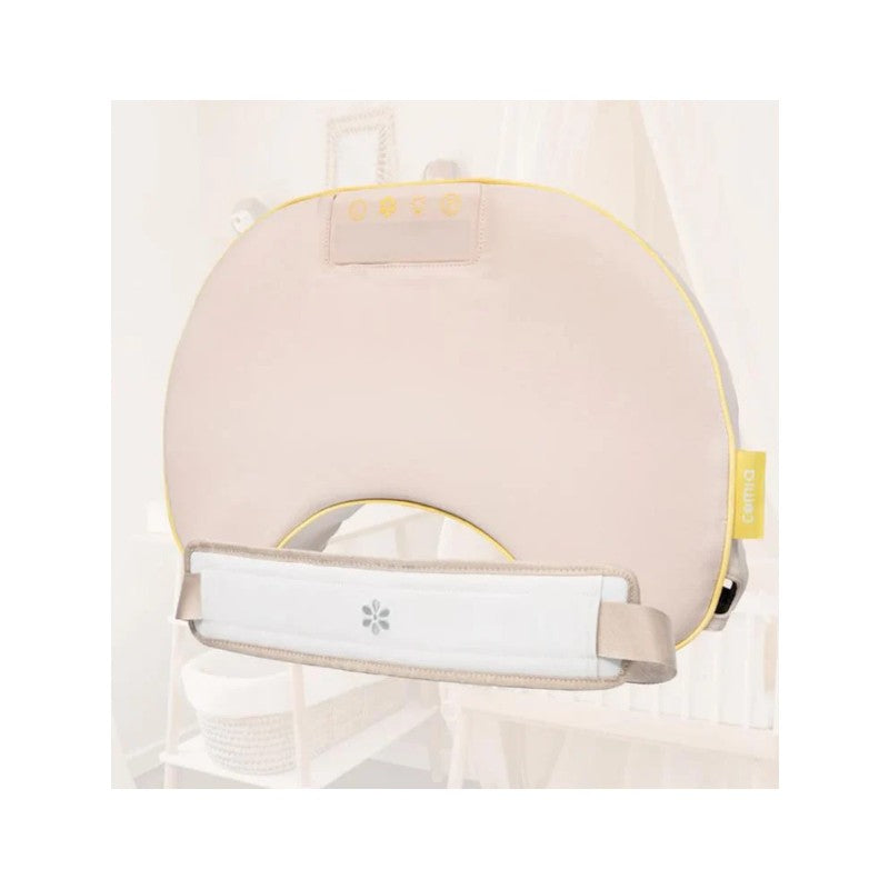Smart nursing pillow with a soft beige exterior, yellow trim, and a functional strap for secure support.