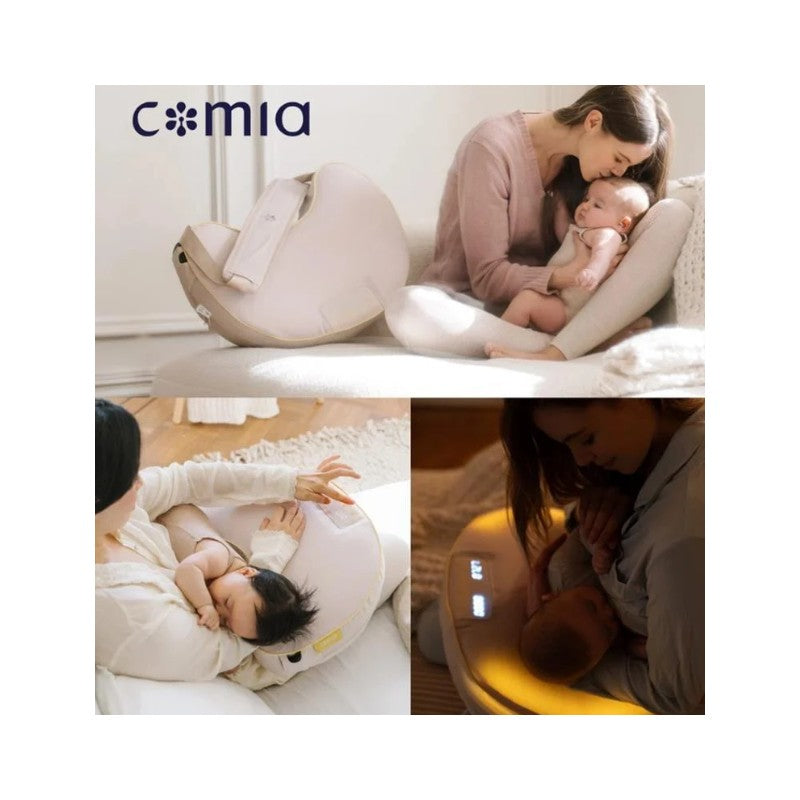 Comia Halo Smart Nursing Pillow in beige, with a mother feeding her baby, showcasing comfort and versatility in various settings.