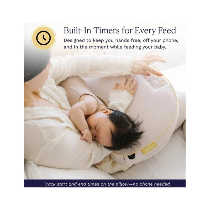 Smart nursing pillow with built-in timers, shown being used by a mother feeding her baby, emphasizing hands-free convenience.