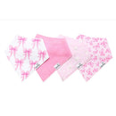 Four baby bandana bibs in shades of pink, featuring designs of bows, solid colors, flowers, and butterflies.