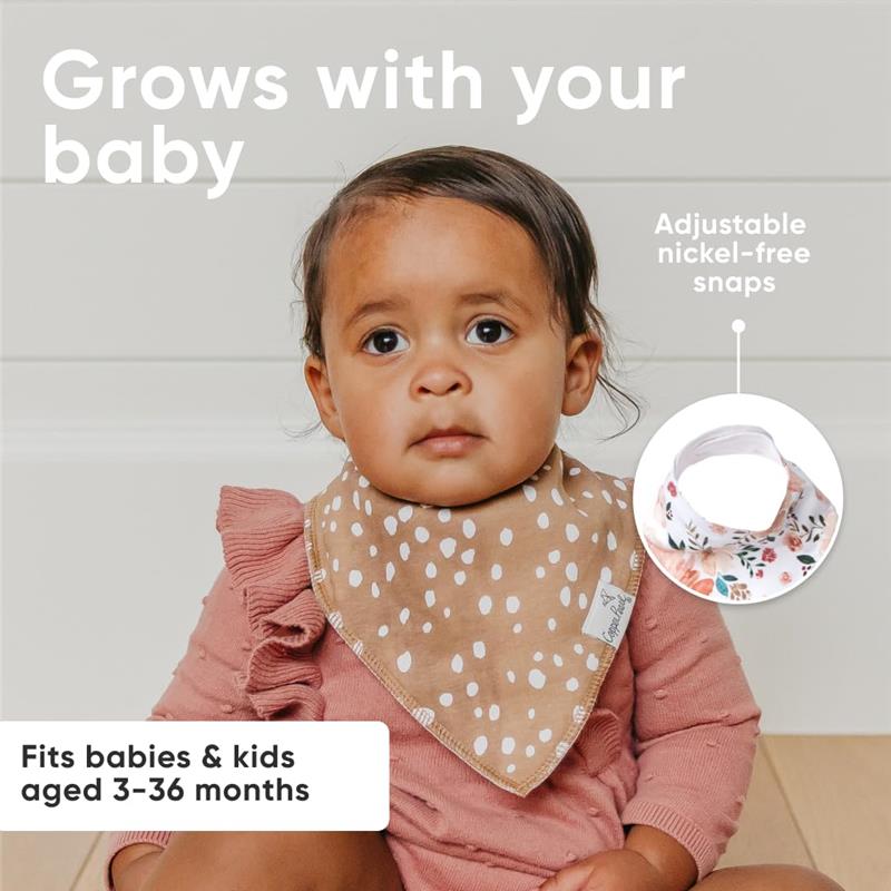 Copper Pearl bandana bib set featuring a child wearing a brown bib with white polka dots. Adjustable snaps for ages 3-36 months.