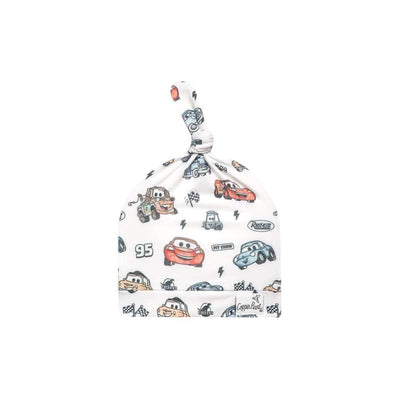 Top knot hat for infants featuring colorful Disney Pixar Cars characters, including Lightning McQueen and Mater, on a white background.