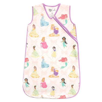 Disney Princess 1.0 Tog Sleep Bag featuring colorful illustrations of princesses on a light pink background.