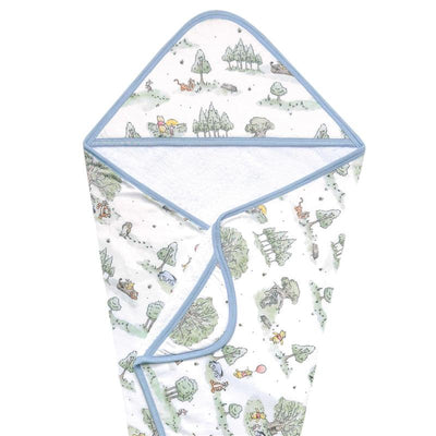 Hooded towel featuring whimsical Hundred Acre Wood illustrations, crafted from premium knit fabric with a soft blue trim.