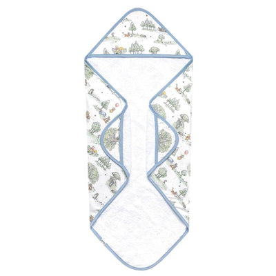 Hooded towel featuring a whimsical Hundred Acre Wood design with trees and characters, bordered in blue.