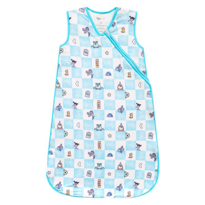Copper Pearl Monsters Inc Medley 0.5 TOG sleep bag featuring a playful blue checkered pattern with illustrations from Monsters Inc.