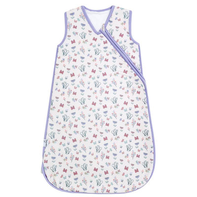 Premium 3-layer knit sleep bag featuring a floral and butterfly pattern, designed for comfort and warmth.