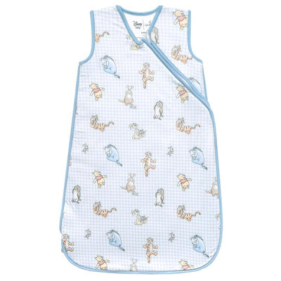 Premium 3-layer knit sleep bag with a blue gingham pattern, featuring Winnie the Pooh and friends illustrations.