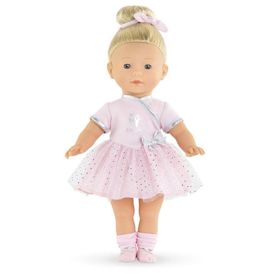 14-inch Corolle ballerina doll, Constance, dressed in a pink tutu with silver accents and a matching headband, wearing ballet slippers.