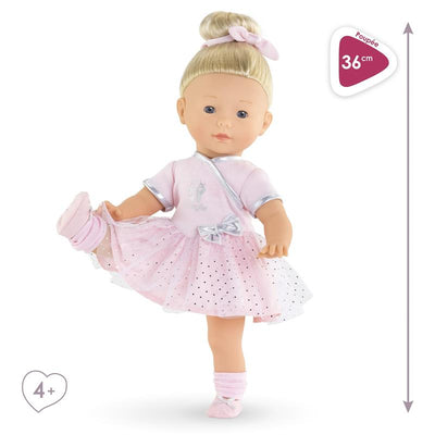 Ballerina doll Constance wearing a pink tutu dress with a bow, performing a ballet pose, 36 cm tall, suitable for ages 4+.