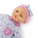 Soft-bodied baby doll with sleeping eyes, dressed in a floral onesie and pink headband with a bow. Vanilla-scented.
