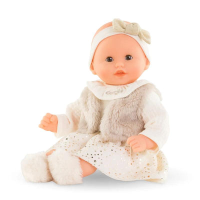Bébé Calin Margaux doll dressed in a white dress with gold accents, fuzzy vest, and headband, designed for children.