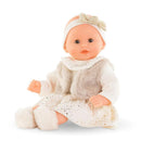 Bébé Calin Margaux doll dressed in a white dress with gold accents, fuzzy vest, and headband, designed for children.