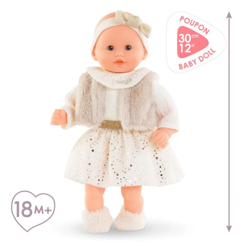 Corolle Dolls Bébé Calin Margaux in an elegant outfit with a fuzzy vest, sparkly dress, and soft boots, suitable for ages 18 months and up.