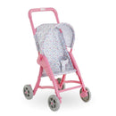 Floral patterned pink pushchair accessory for 30 cm dolls, featuring a seat belt and sturdy wheels.