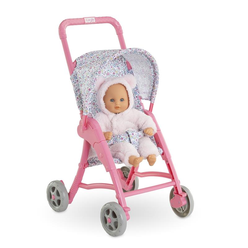 Corolle Dolls Floral Pushchair in pink with a floral-patterned canopy, holding a 30 cm doll in a fluffy outfit.