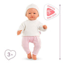 17-inch Corolle dolls newborn with pink pants and white top, suitable for ages 3+, showcasing realistic features.