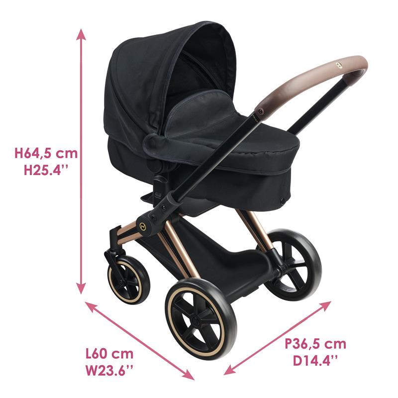 Cybex pram in black with gold accents, dimensions labeled: height 64.5 cm, length 60 cm, width 23.6 cm.