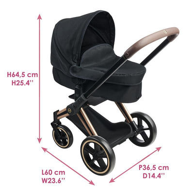 Cybex pram in black with gold accents, dimensions labeled: height 64.5 cm, length 60 cm, width 23.6 cm.