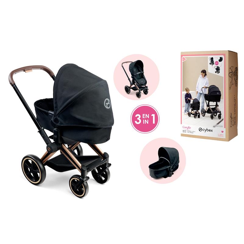 Corolle Dolls Stroller Cybex Pram in black, featuring a versatile 3-in-1 design with a stylish frame and large wheels.
