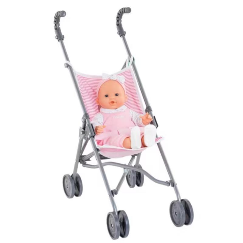 Corolle Dolls Umbrella Doll Stroller in pink stripes with a seated doll dressed in pink overalls and a bow headband.