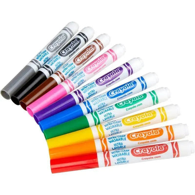 Ten Crayola Ultra-Clean Washable Classic Broad Line Markers in various colors, featuring clear labeling and washable ink.