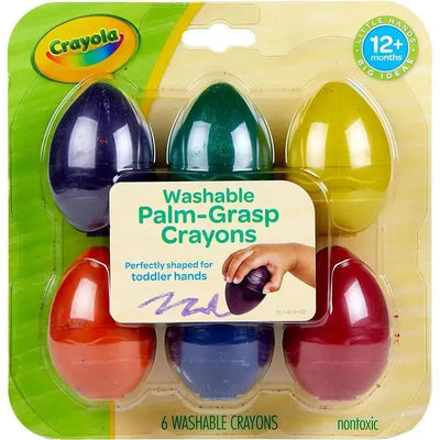 Six Crayola palm-grasp crayons in brightly colored, egg-shaped designs, labeled as washable and suitable for toddlers.