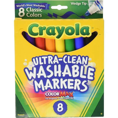 Crayola Ultra-Clean Washable Markers, 8 classic colors, wedge tip, non-toxic packaging with vibrant yellow design.