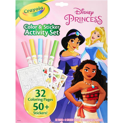 Crayola Color & Sticker Activity Set featuring Disney Princess characters, includes 32 coloring pages and over 50 stickers.