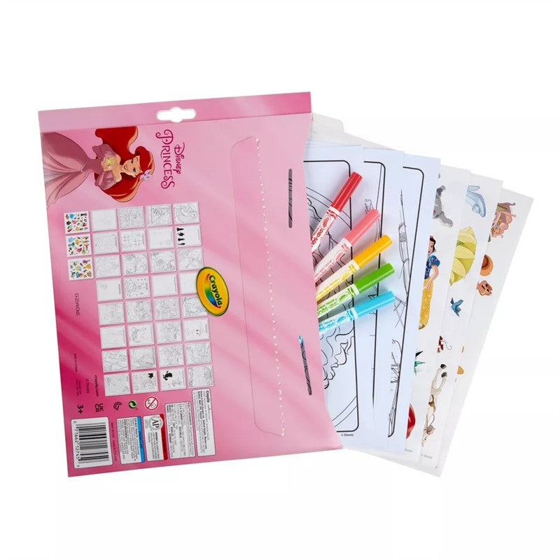 Crayola Color & Sticker Activity Set featuring Disney Princess characters, includes coloring sheets and colorful markers.