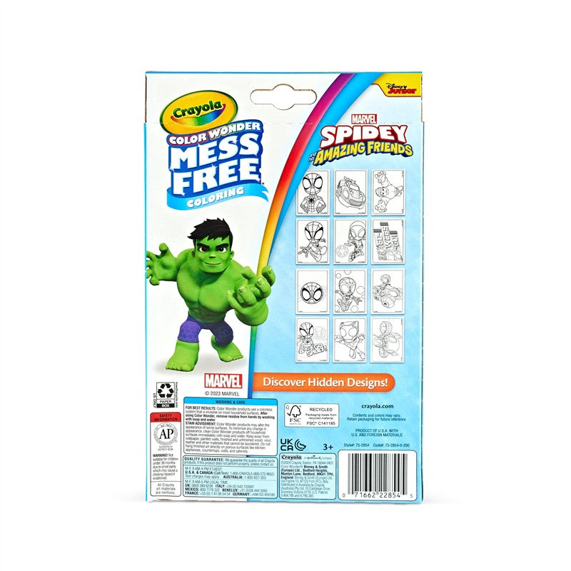 Crayola Color Wonder Coloring Pages featuring Spidey and His Amazing Friends, with Hulk illustration and activity images.