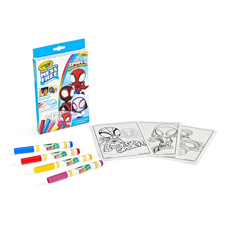 Crayola Color Wonder Spidey and His Amazing Friends set with 12 coloring pages and 4 mess-free markers.
