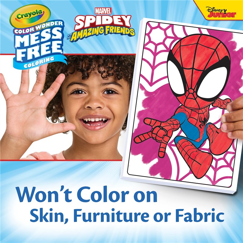 Crayola Color Wonder Spidey coloring pages and markers, featuring a smiling child holding a Spider-Man drawing with a warning against mess.