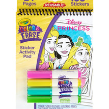 Crayola Disney Princess Color & Erase Reusable Activity Pad with markers and stickers, featuring princess illustrations.