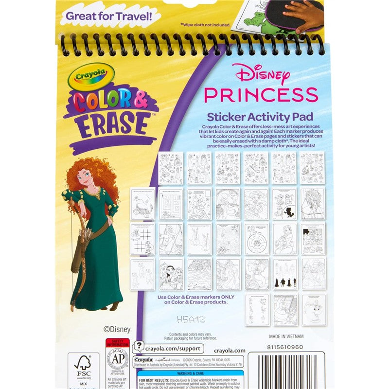Crayola Disney Princess Color & Erase Reusable Activity Pad featuring illustrated activities and a character resembling Merida.