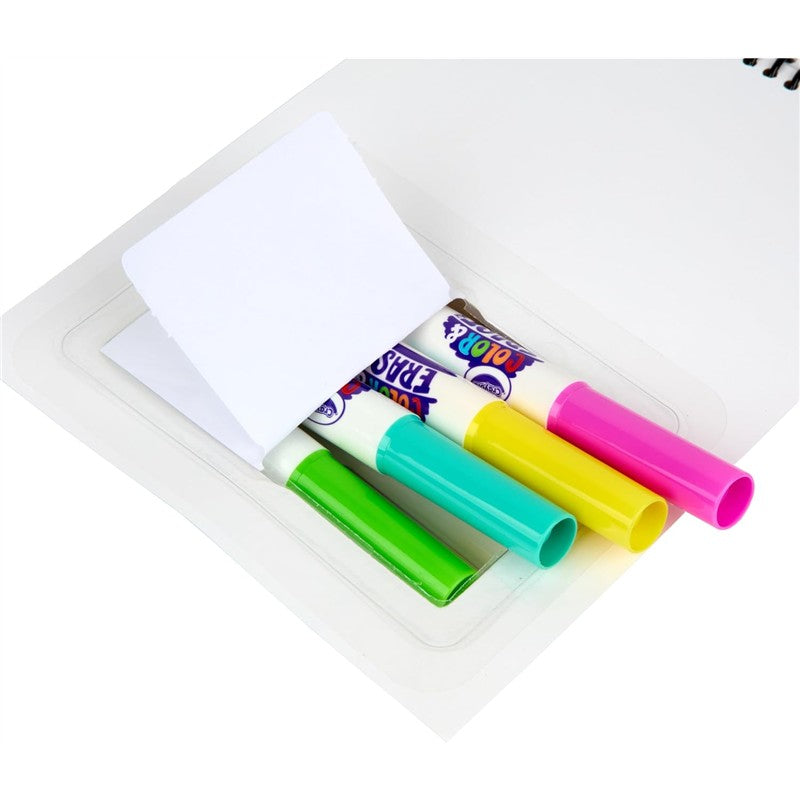 Color & Erase Reusable Activity Pad with three colorful markers and a white eraser.